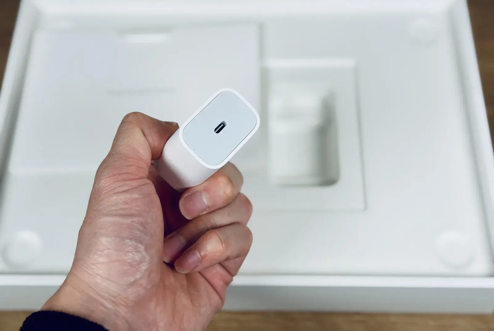 付属のUSB-C充電アダプターを手に持った様子