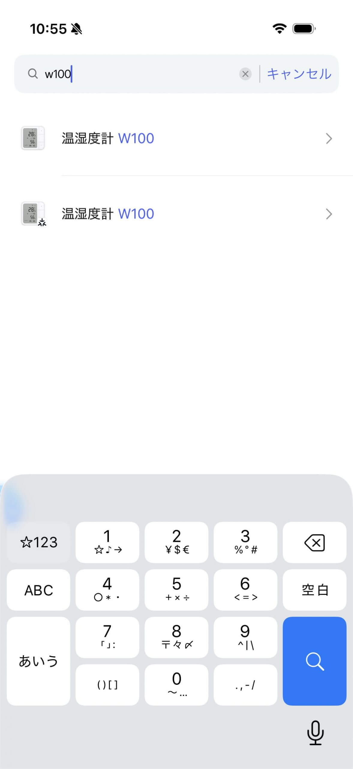 Aqara Homeアプリで温湿度計W100を検索した画面
