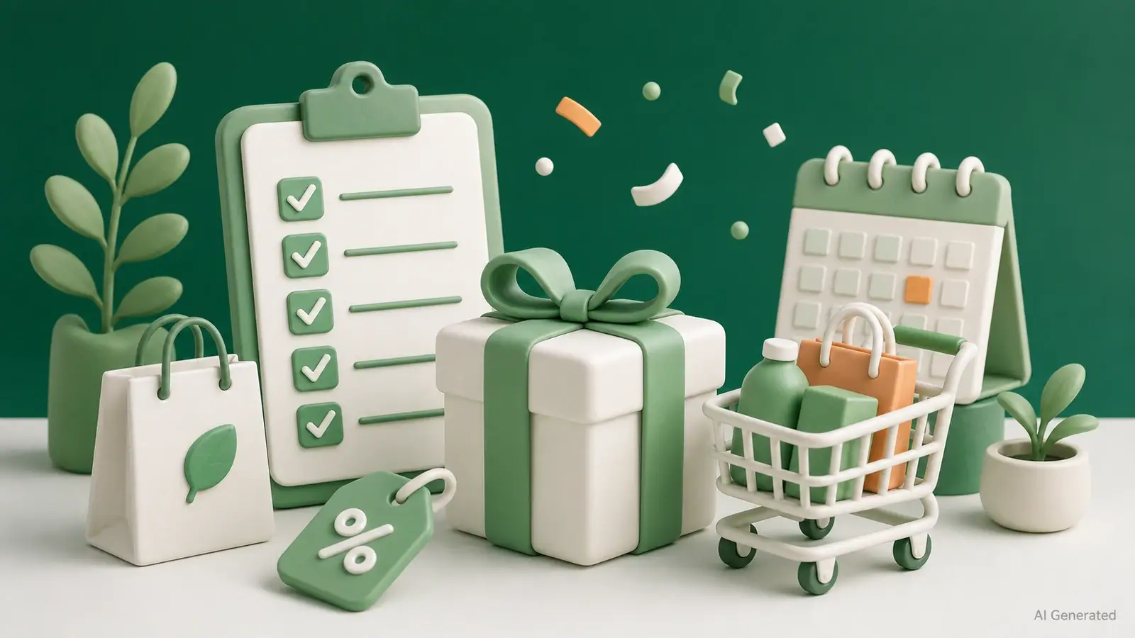 プライムデー前の事前準備を表す、濃い緑基調のチェックリストと買い物カートのAI生成イラスト