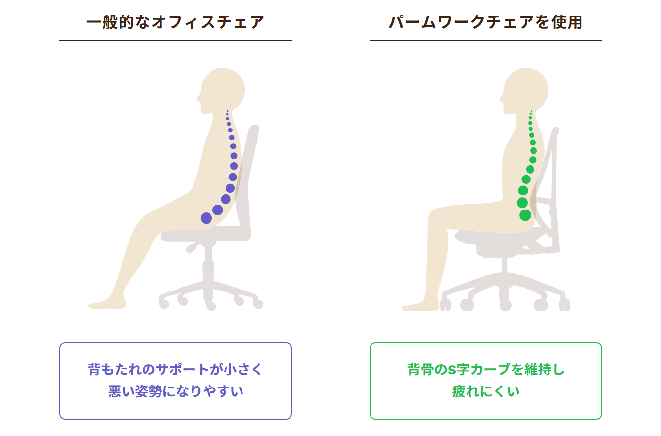 一般的なオフィスチェアとパームワークチェアの姿勢サポート比較