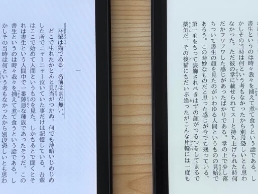 Kindle Colorsoft(左)とKindle Paperwhite 第12世代(右)で同じ白黒文字と背景を同じ距離から撮影した接写