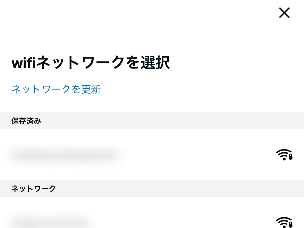 Echoを接続するWi-Fiネットワークを選択する画面