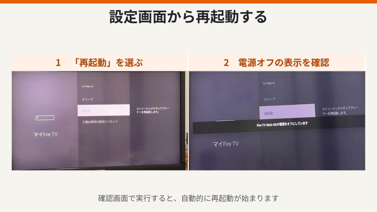 Fire TV Stick HDで再起動を選択し電源オフの表示が出た画面