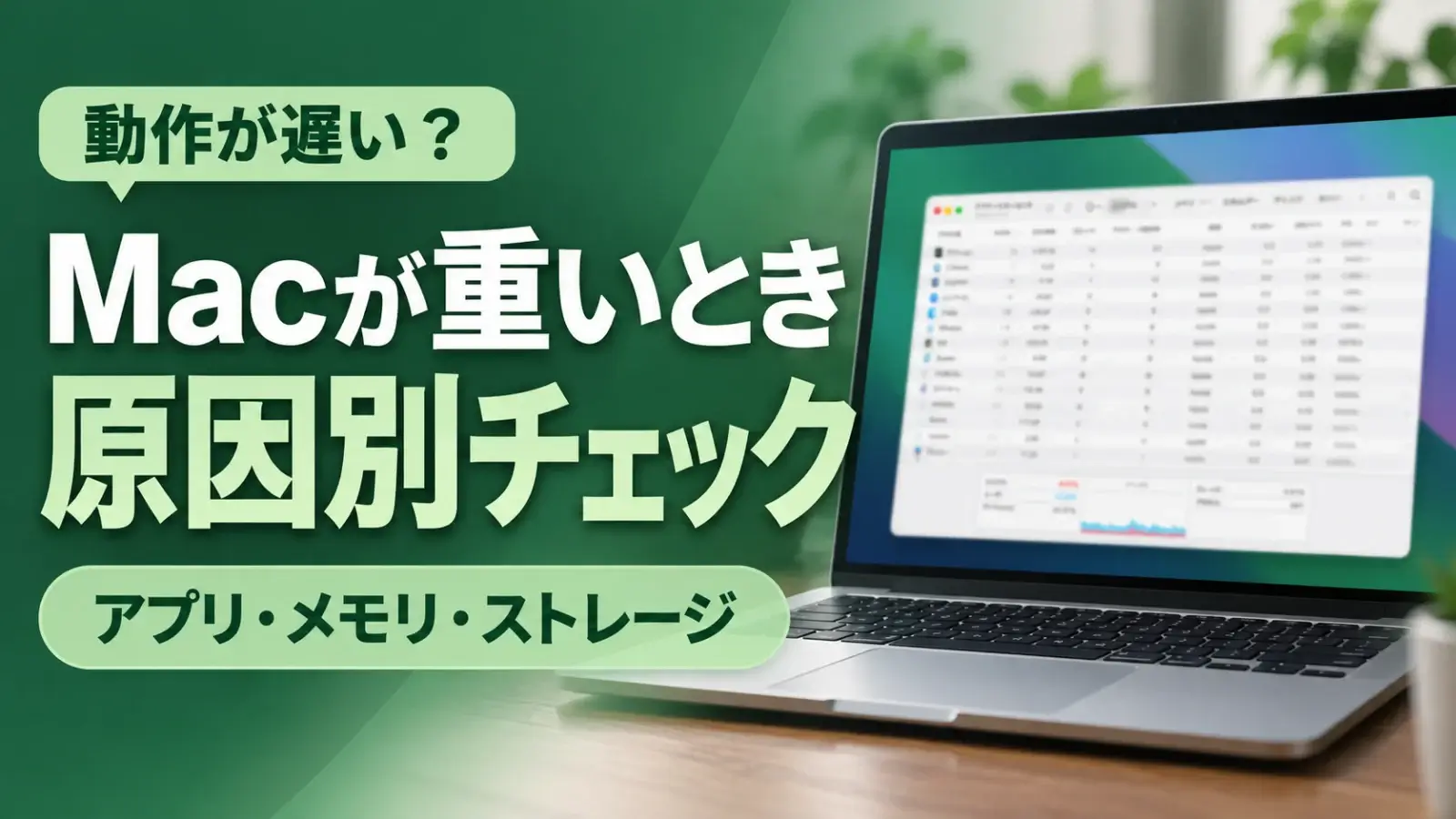 Macが重いときの原因別チェック。アプリ・メモリ・ストレージを確認する記事のアイキャッチ