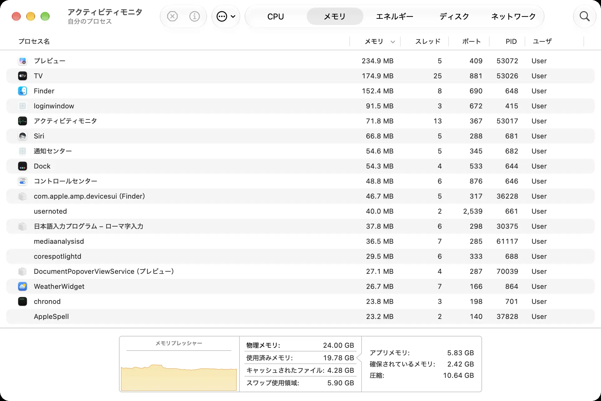 アクティビティモニタのメモリ画面。メモリプレッシャーとスワップ使用領域5.90GBが表示されている